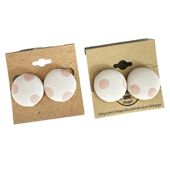 Pink and White Polka Dot Button Earrings from Damaged Vintage Fabric - Picture 1 of 1